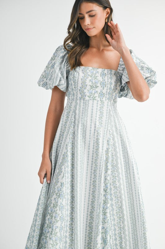 Stella Short Puff Sleeve Floral Print Midi Dress Blue