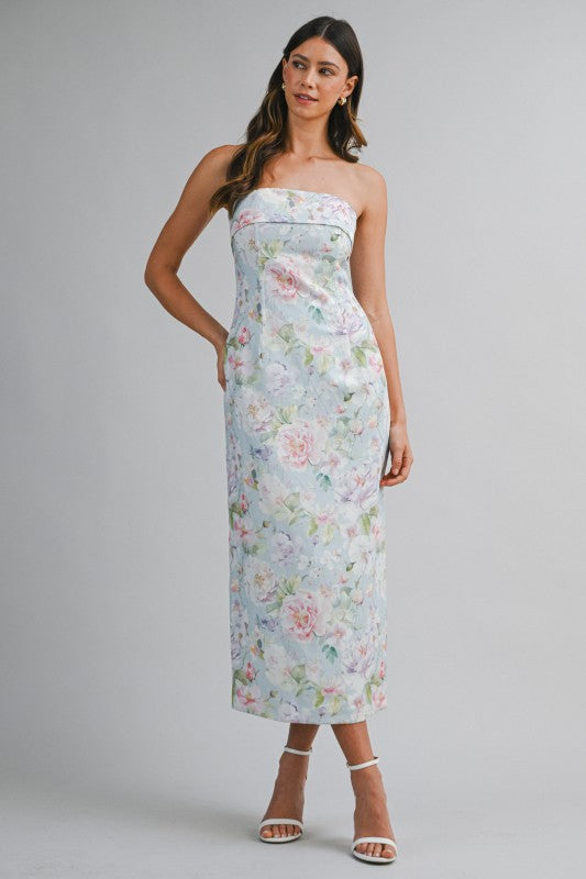 Waitlist 7/5 • Kiara Sleeveless Floral Print Midi Dress Blue