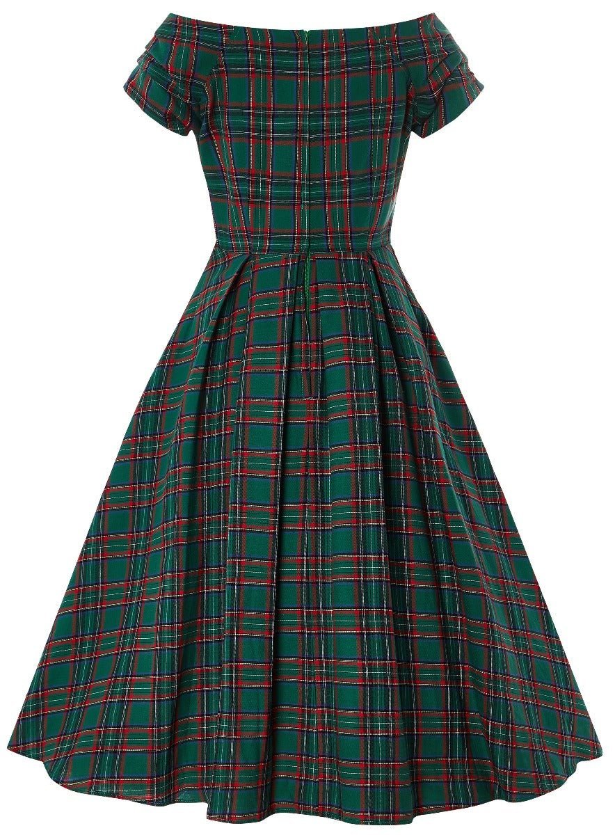 Lily Green Tartan Off Shoulder Swing Dress