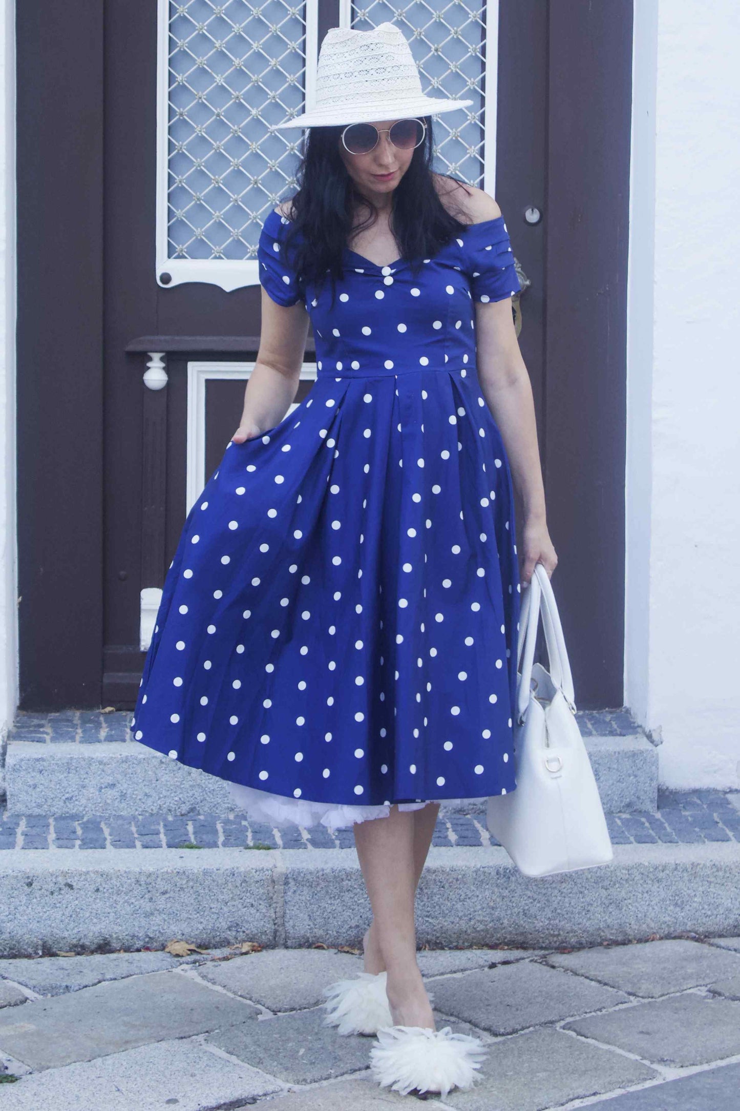 Lily Navy Blue Polka Dot Off Shoulder Circle Dress