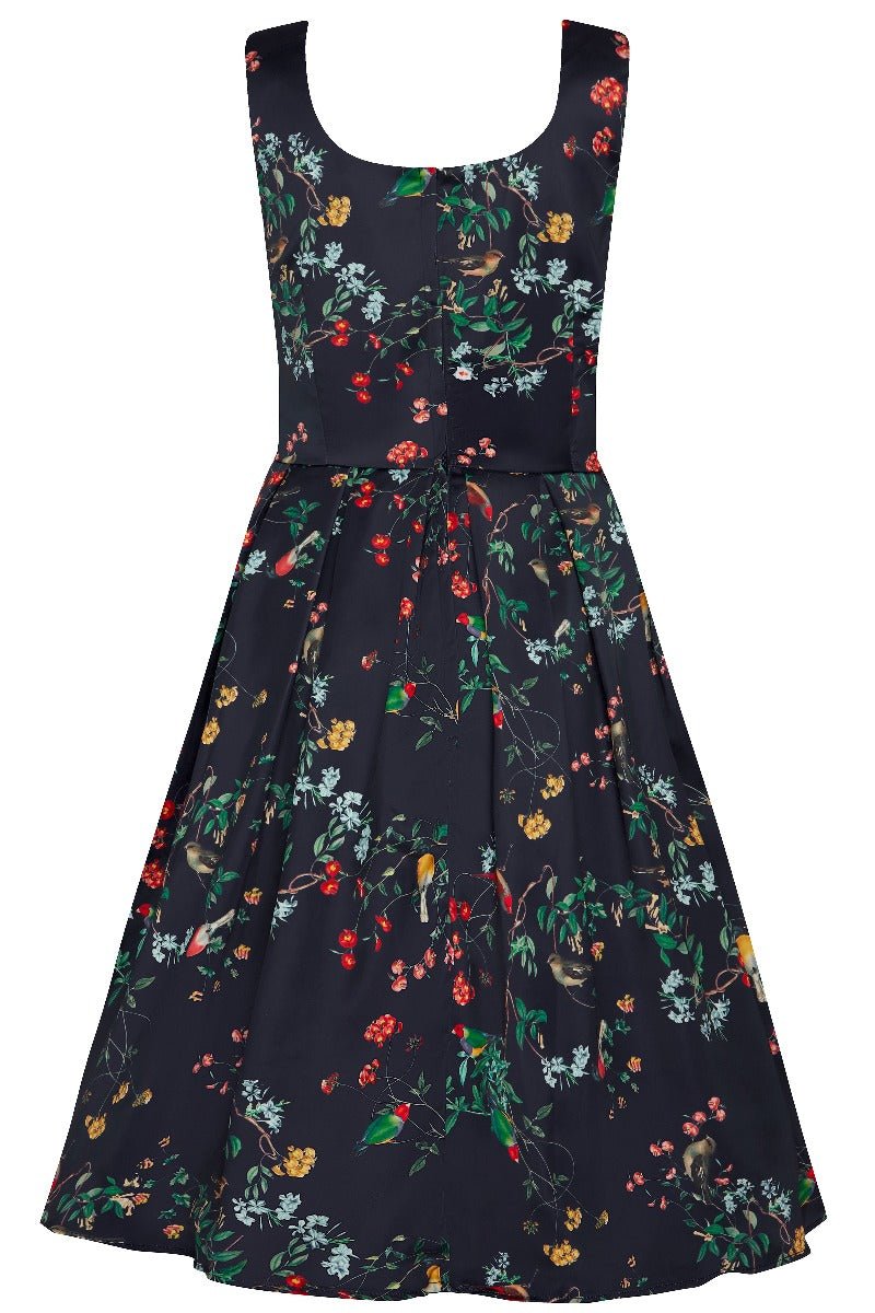 Navy Amanda 50s Inspired Swing Dress Bird with Flower Print