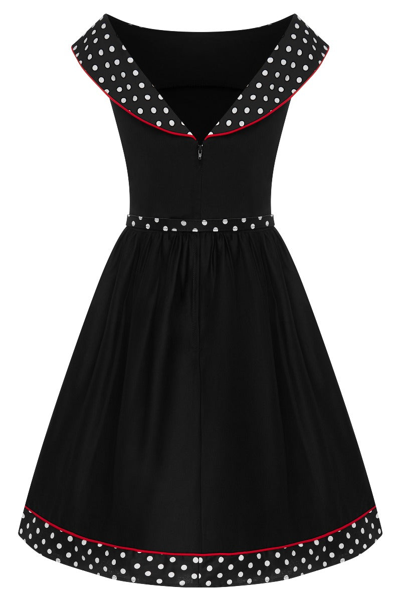 Cindy Retro Dress in Black Polka and Red Piping