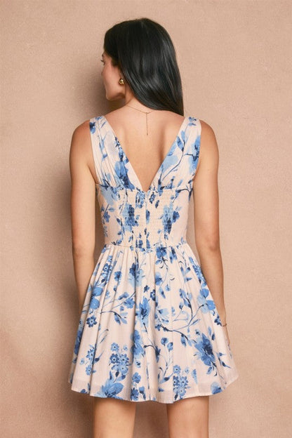 Usha Sleeveless Corset Floral Print Mini Dress Blue