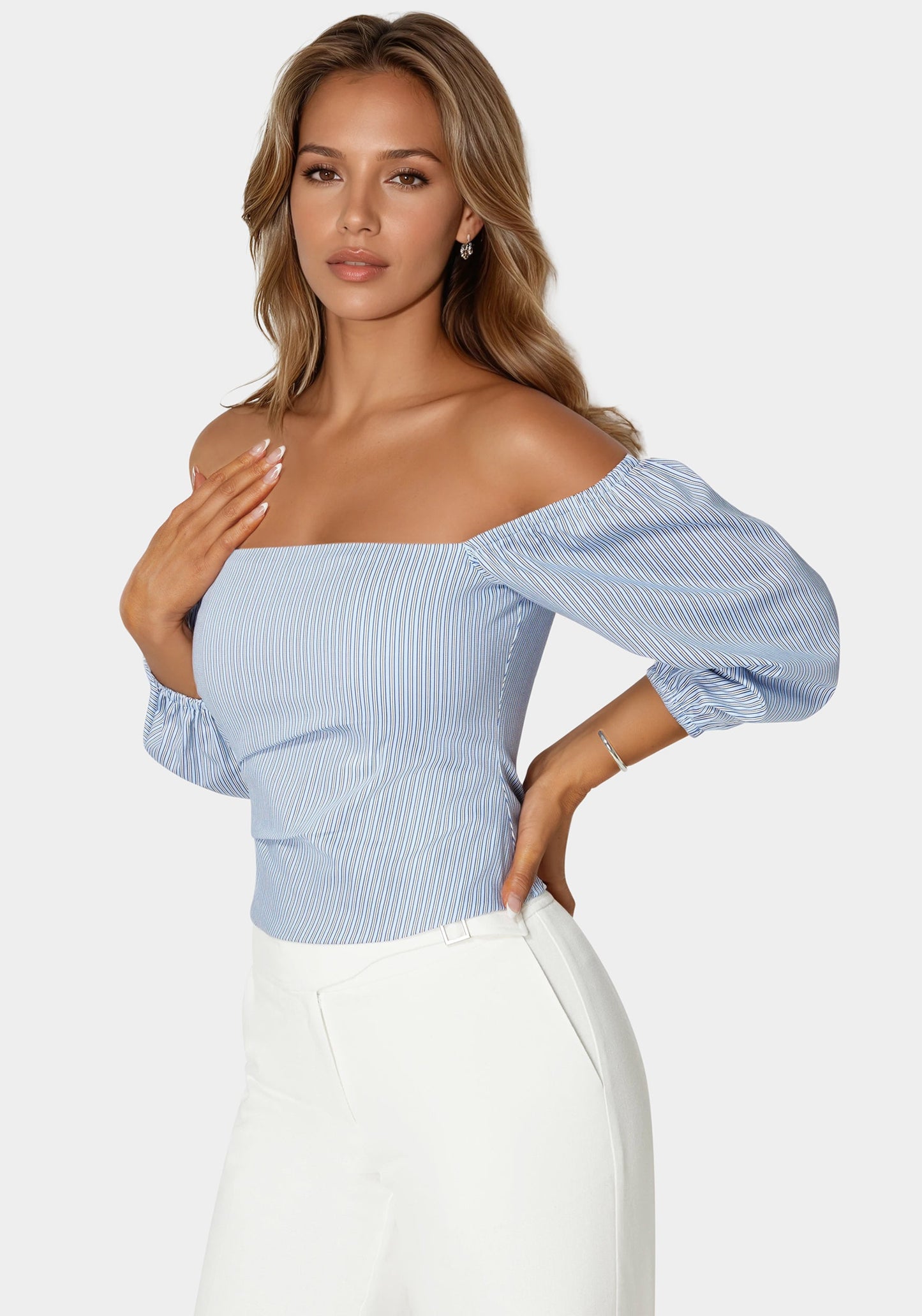 Poplin Bubble Sleeve Off Shoulder Draped Top