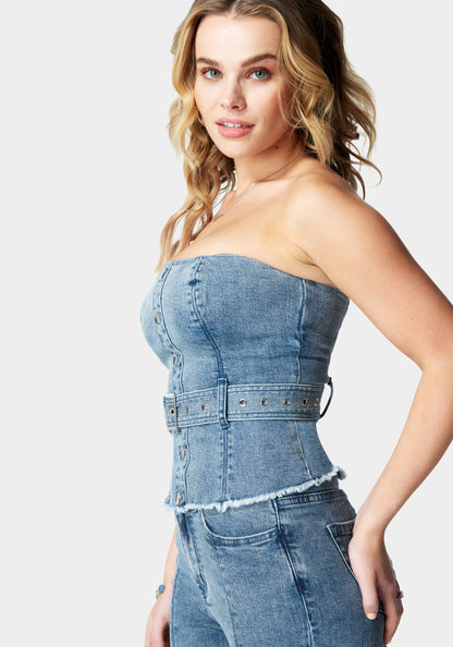 Belted Button Front Denim Bustier