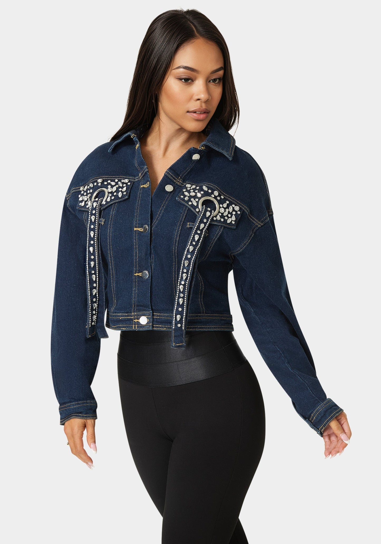 Button Front Stud Detail Denim Jacket