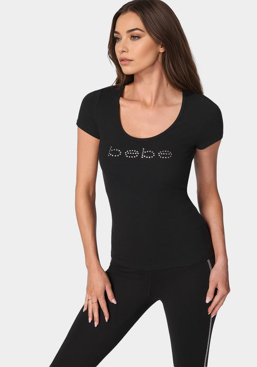 Bebe Logo Short Sleeve Scoop Neck Single Stone Rib Top