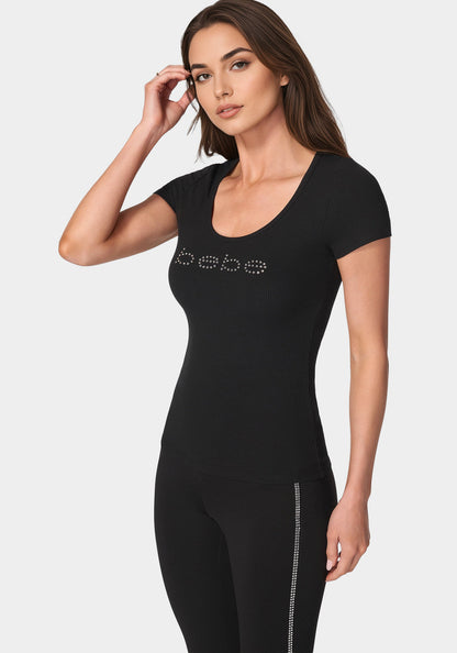 Bebe Logo Short Sleeve Scoop Neck Single Stone Rib Top
