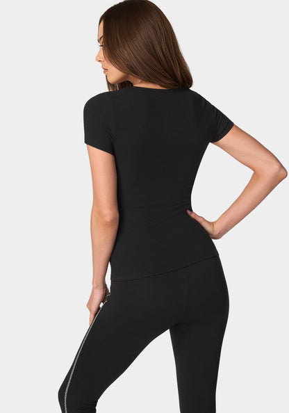 Bebe Logo Short Sleeve Scoop Neck Single Stone Rib Top