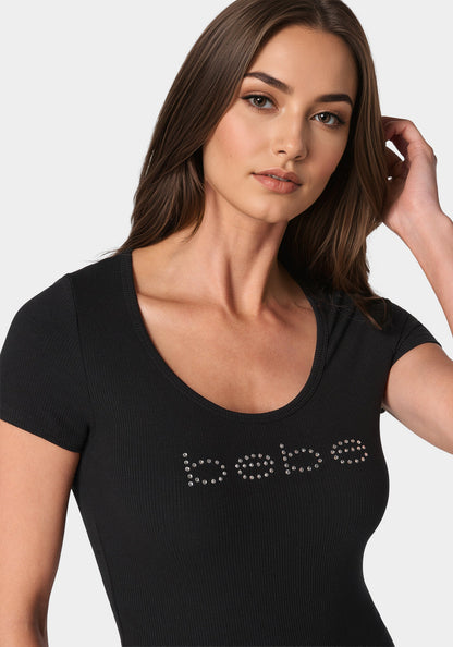 Bebe Logo Short Sleeve Scoop Neck Single Stone Rib Top
