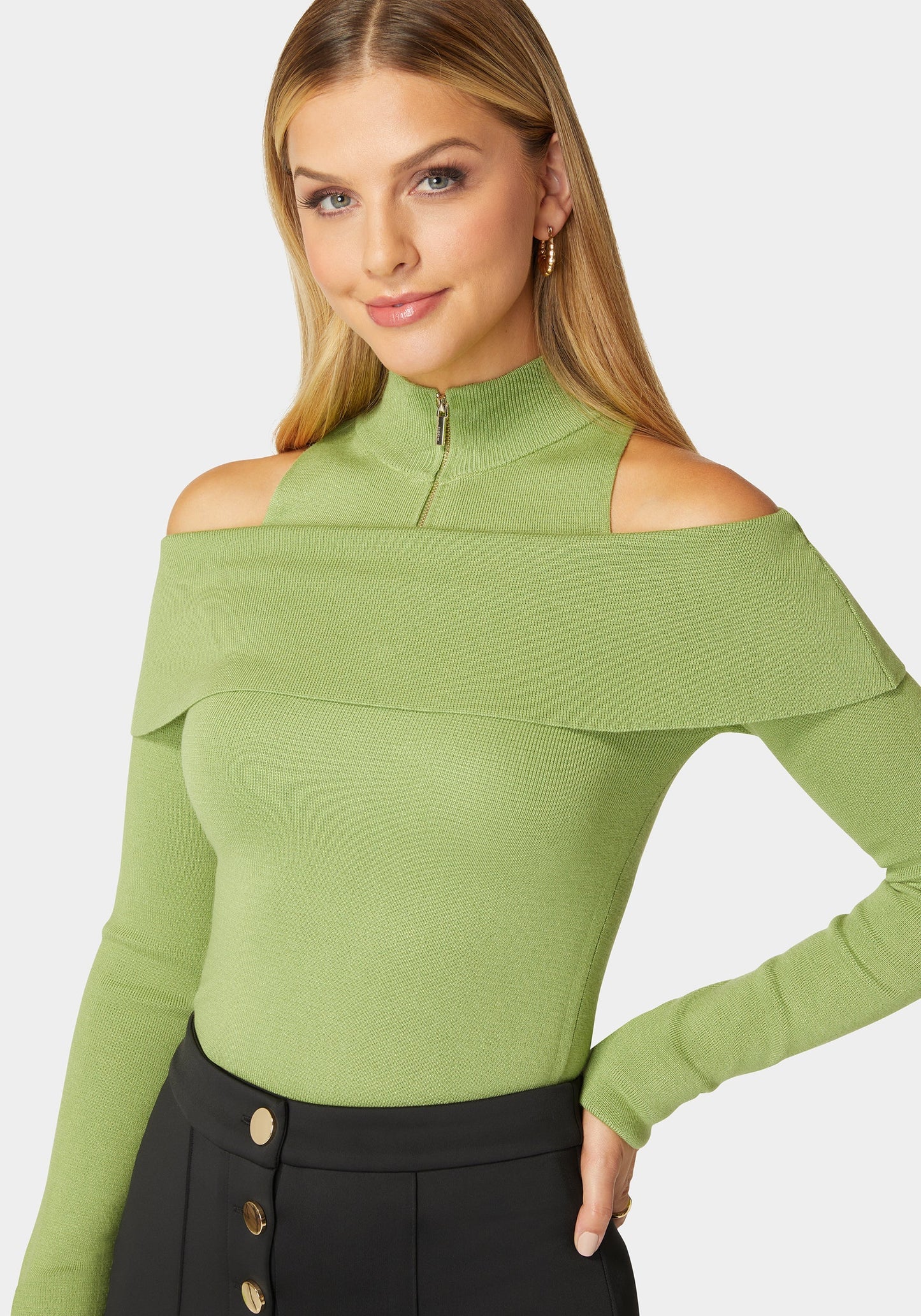 Mock Neck Zip Detail Cold Shoulder Sweater