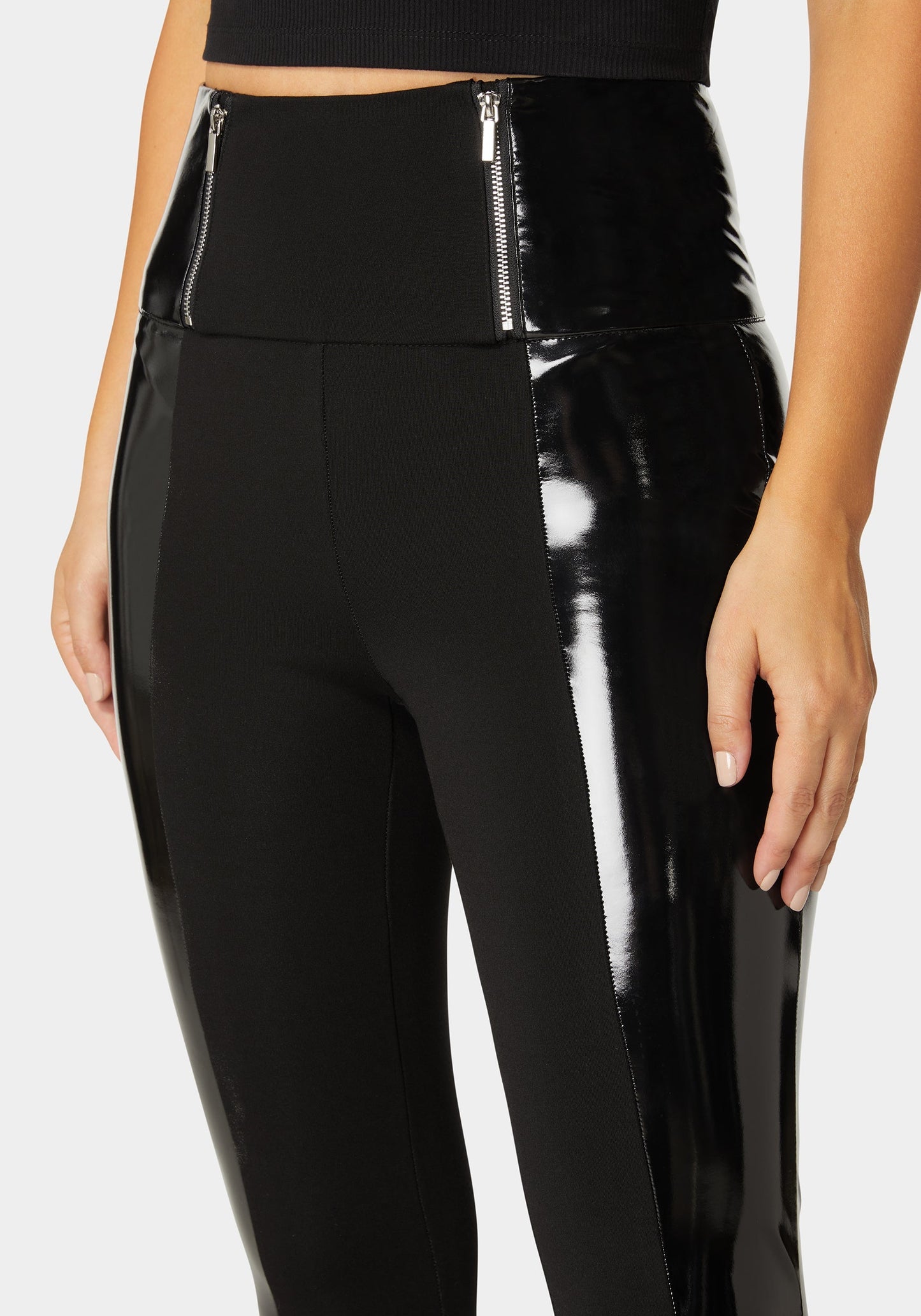 High Waist Zipper Detail Liquid Shine Combo Knit Legging
