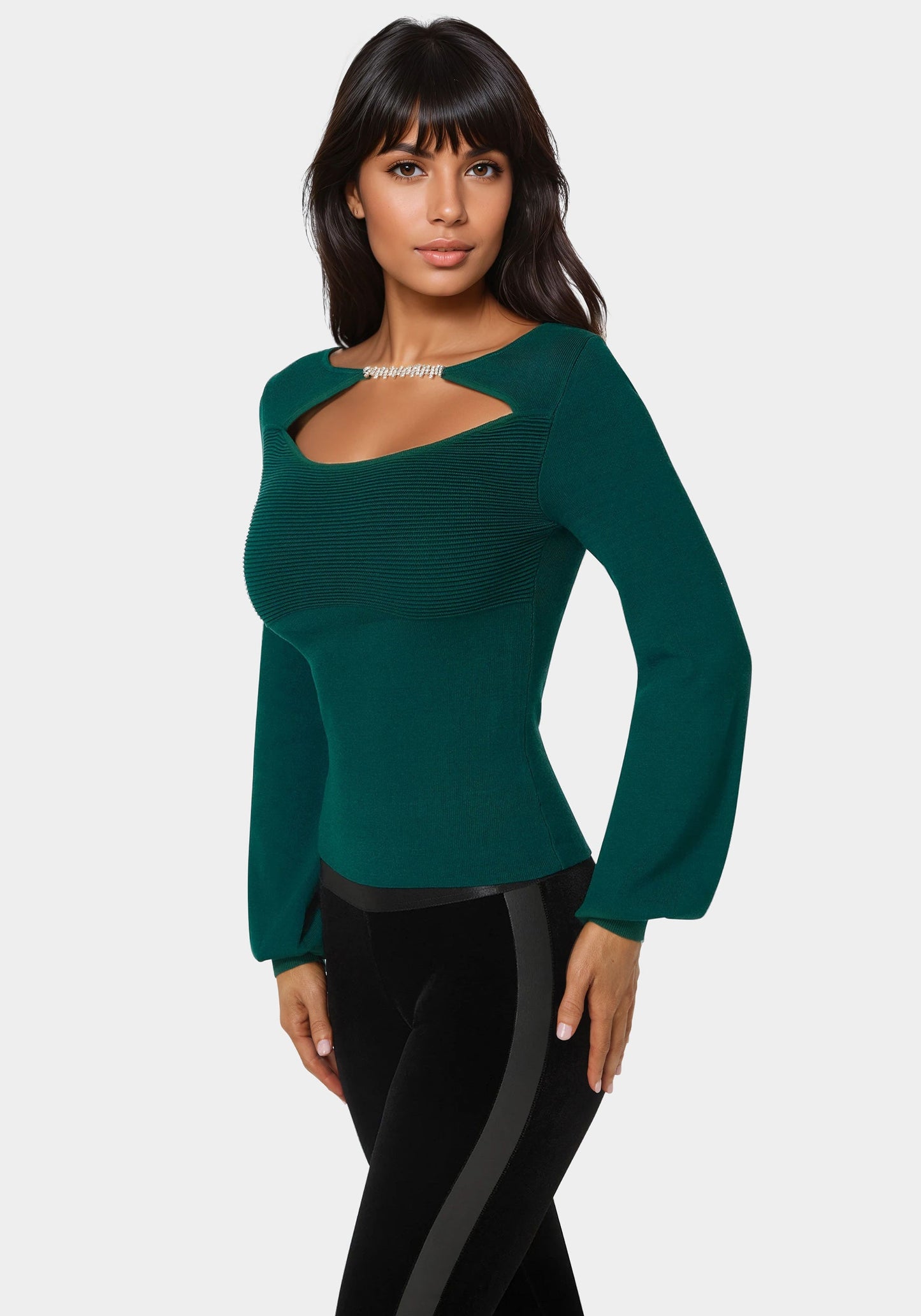 Open Neck Rhinestone Trim Sweater