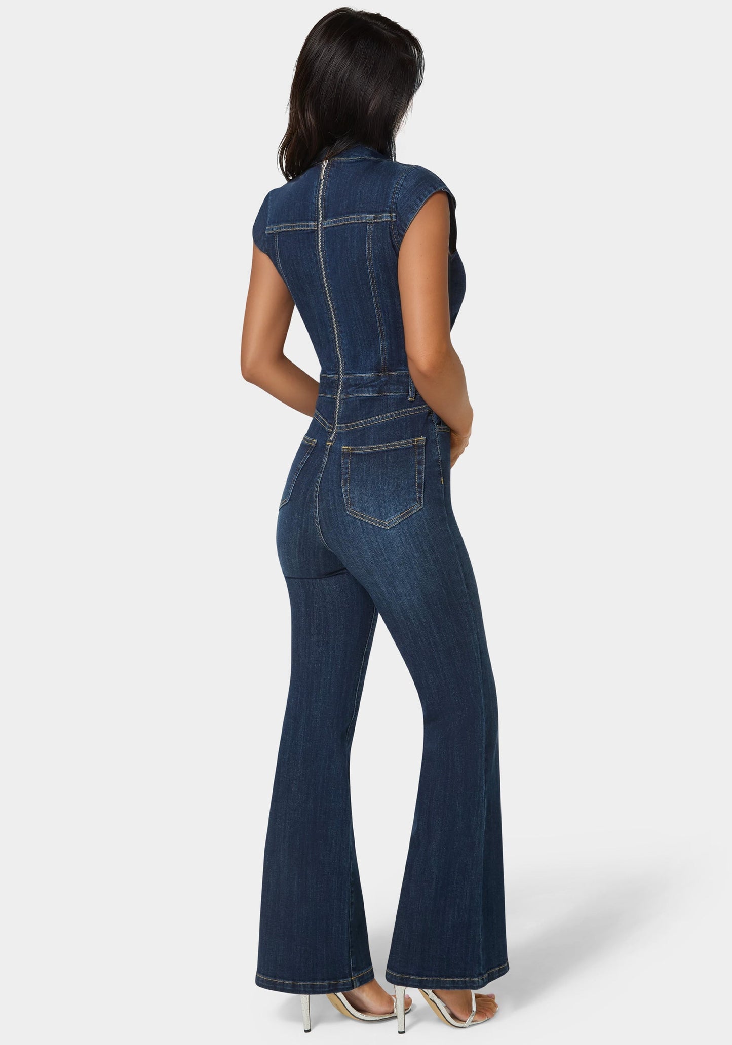 Embellished Neckline Flared Leg Denim Jumpsuit