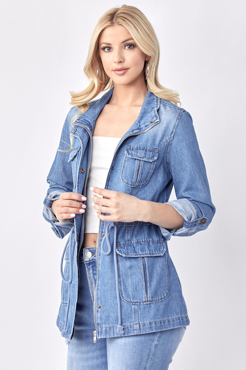 Loila Long Sleeve Oversized Cargo Denim Jacket Medium Wash