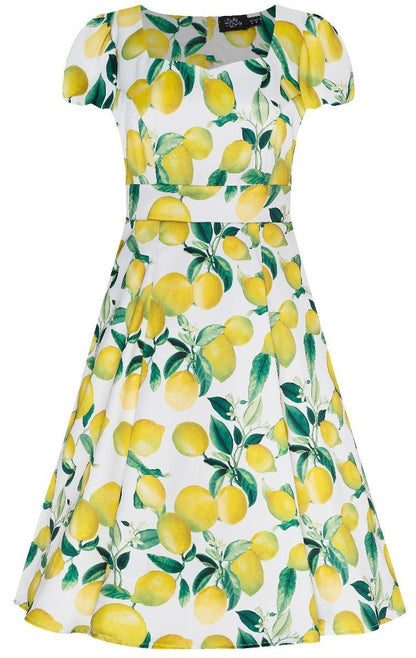 Claudia Flirty Fifties Style Dress in White and Yellow Lemons