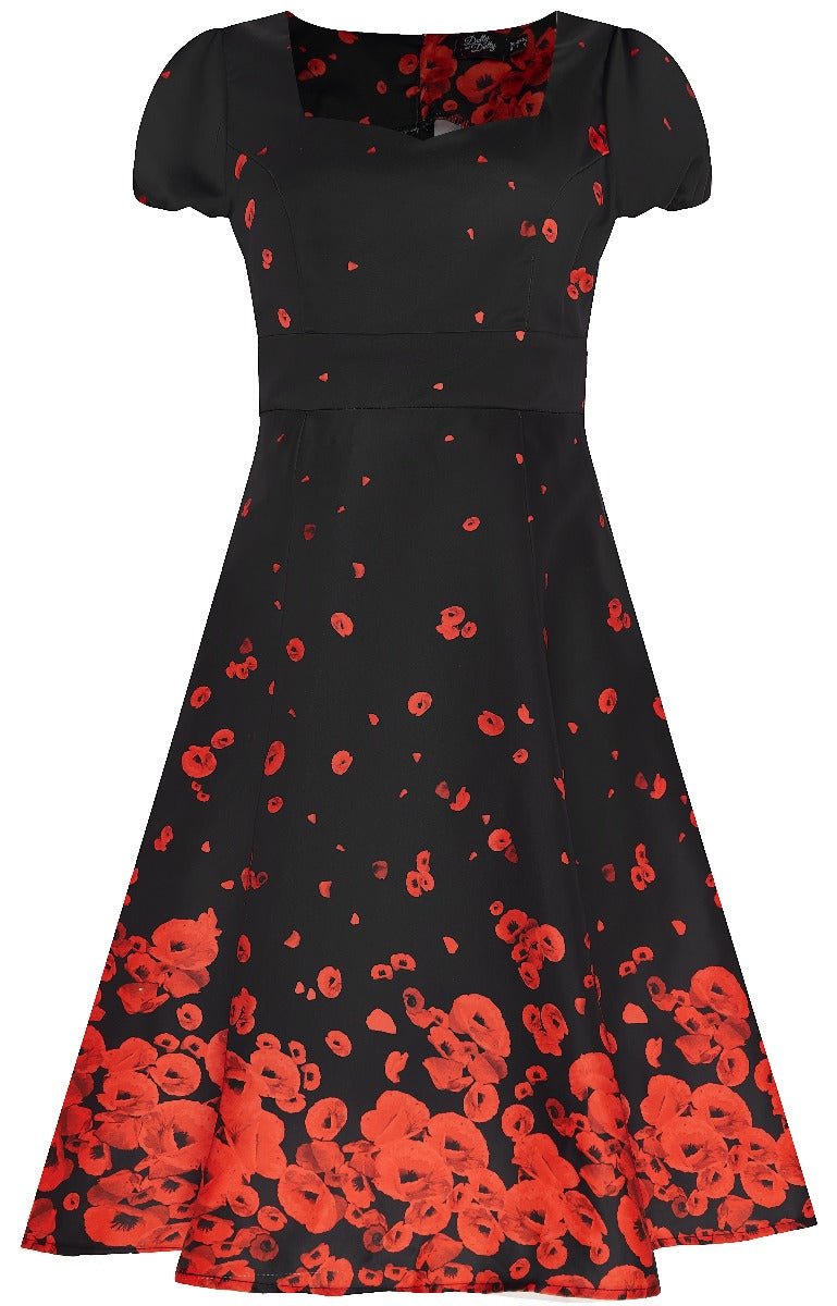 Claudia Classic Fifties Style Black-Red Raising Poppy Flower Dress