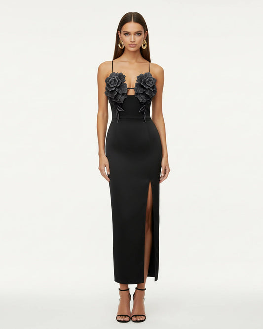立體花卉細肩帶長洋裝 - 黑色