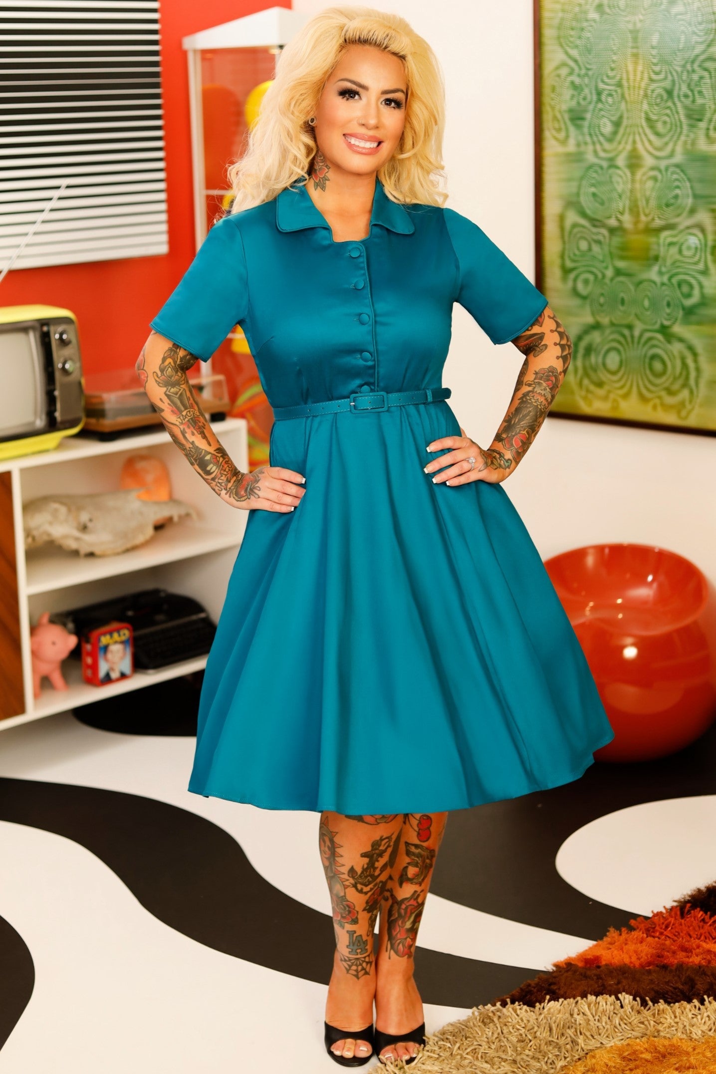 Penelope 1950's Teal Blue Shirt Dress
