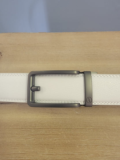 White Ratchet Belt-Traditional buckle in Gunmetal