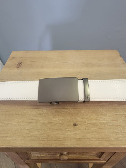 White Ratchet belt-Gunmetal Solid Buckle