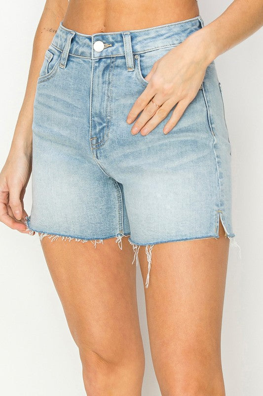Teresa High Rise Raw Hem Denim Shorts Light Wash