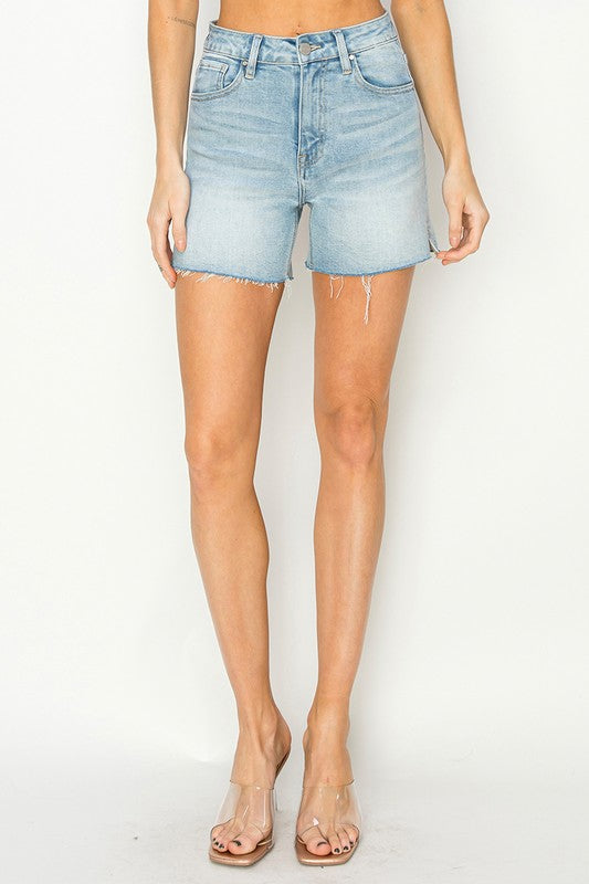 Teresa High Rise Raw Hem Denim Shorts Light Wash