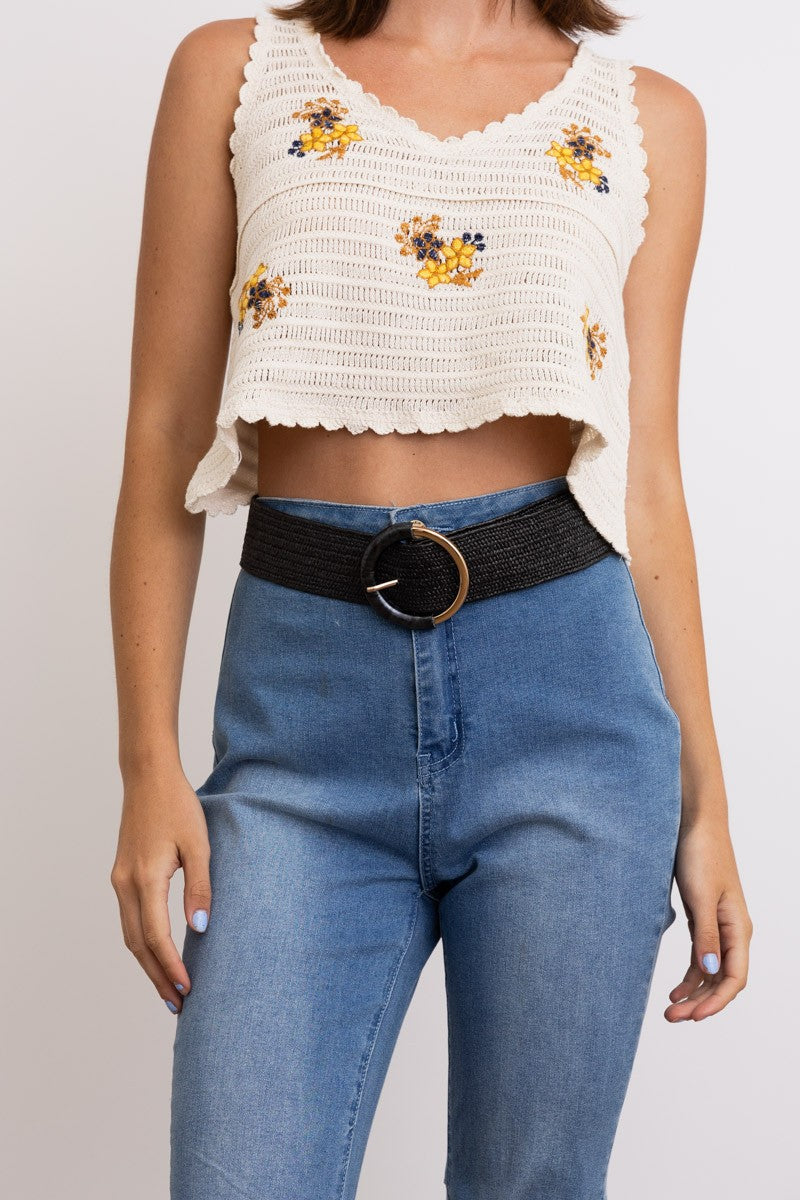 Sabine Two Tone Buckle Straw Waist Belt Black