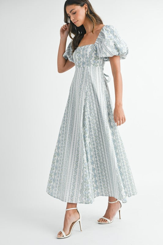 Stella Short Puff Sleeve Floral Print Midi Dress Blue