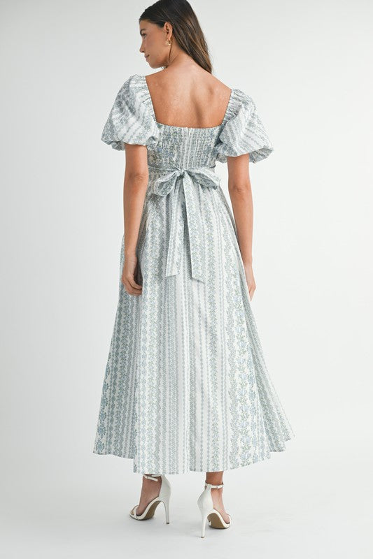 Stella Short Puff Sleeve Floral Print Midi Dress Blue