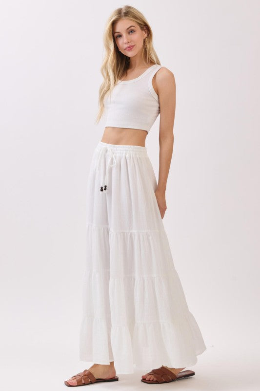 Brenna High Waist Tiered Maxi Skirt White