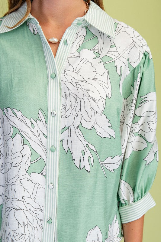 Dorothy 3/4 Sleeve Button Down Floral Print Top Sage