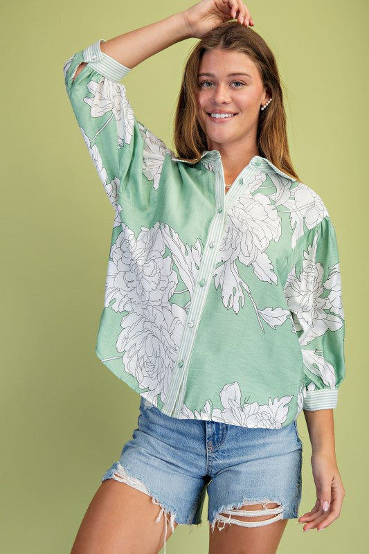 Dorothy 3/4 Sleeve Button Down Floral Print Top Sage