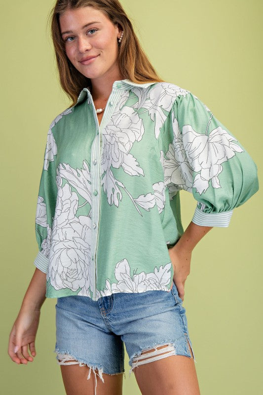 Dorothy 3/4 Sleeve Button Down Floral Print Top Sage