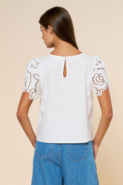 Verity Short Bell Sleeve Floral Eyelet Top White