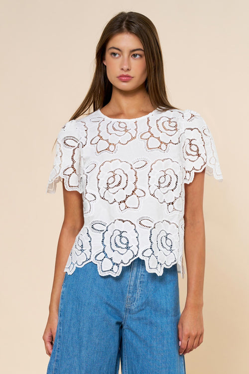 Verity Short Bell Sleeve Floral Eyelet Top White