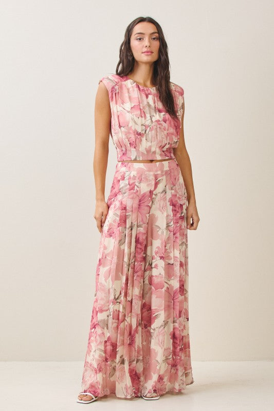 Marlo Sleeveless Floral Print Pleated Top Pink