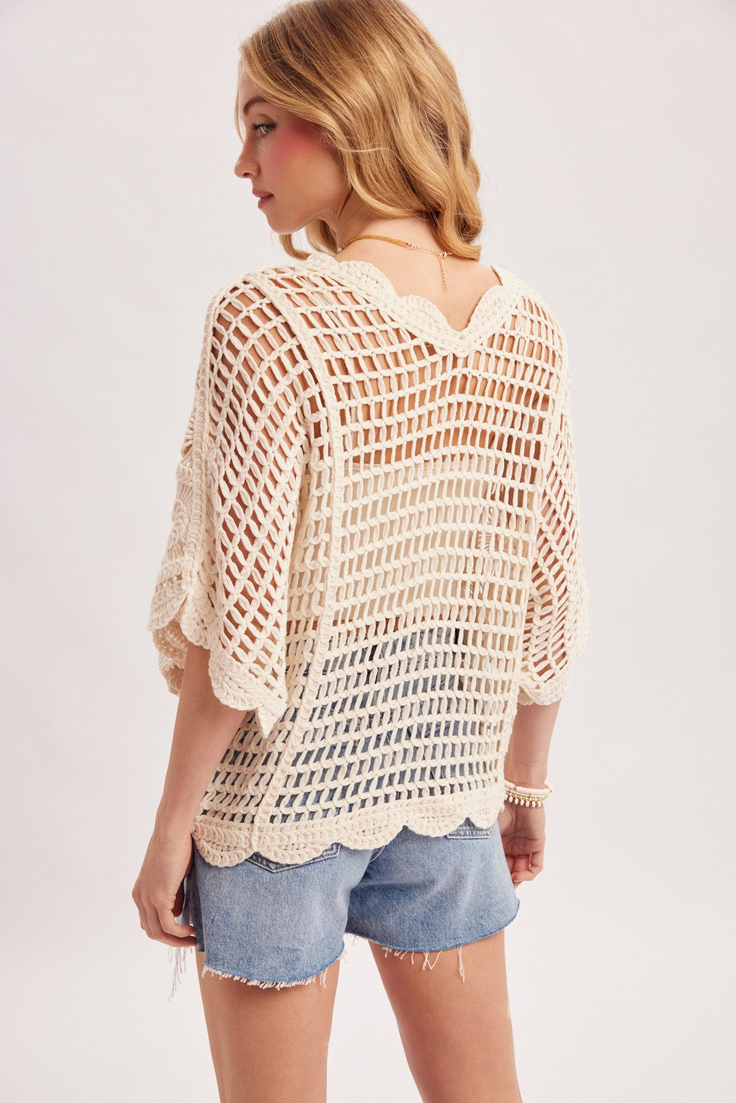 Emma 3/4 Sleeve Open Crochet Knit Top Natural