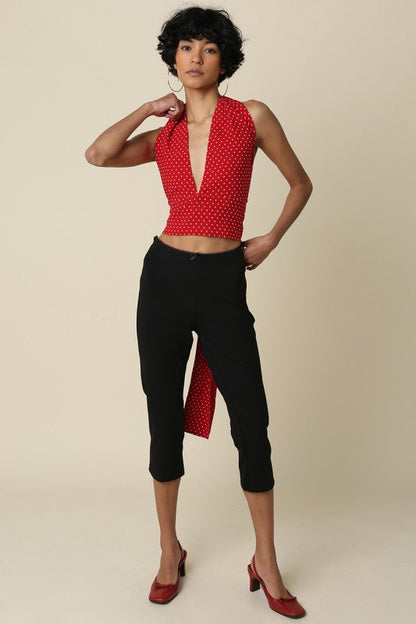 Aster Sleeveless Halter Open Back Polka Dot Print Top Red