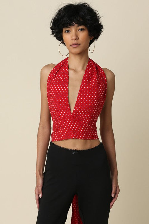 Aster Sleeveless Halter Open Back Polka Dot Print Top Red