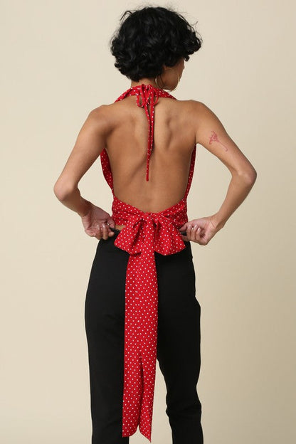 Aster Sleeveless Halter Open Back Polka Dot Print Top Red