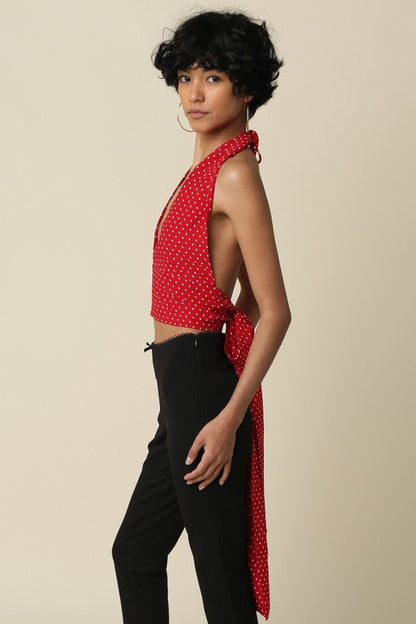 Aster Sleeveless Halter Open Back Polka Dot Print Top Red