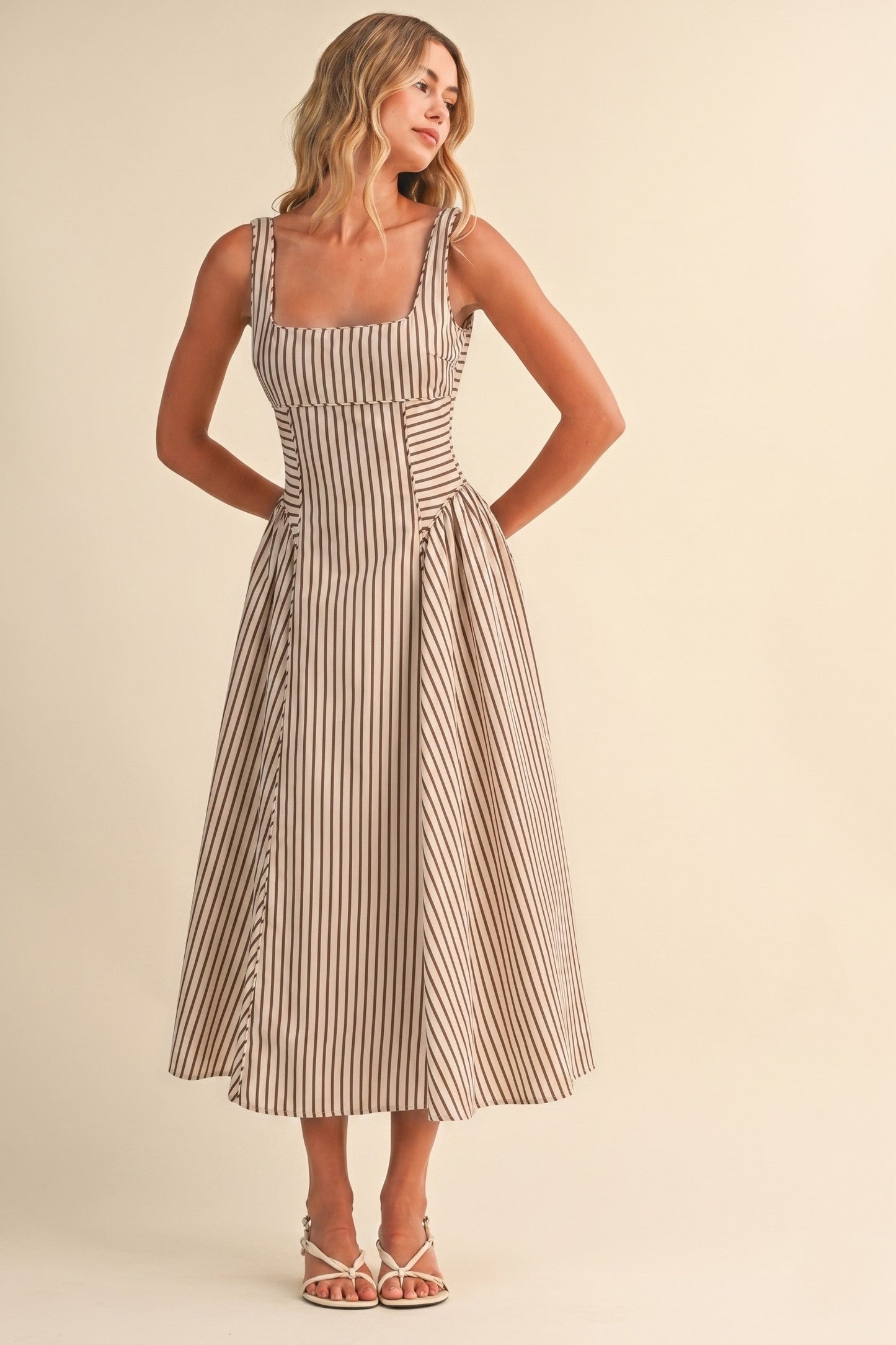 Waitlist 7/8 • Britton Sleeveless Large Back Buckle Stripe Print Midi Dress Cream