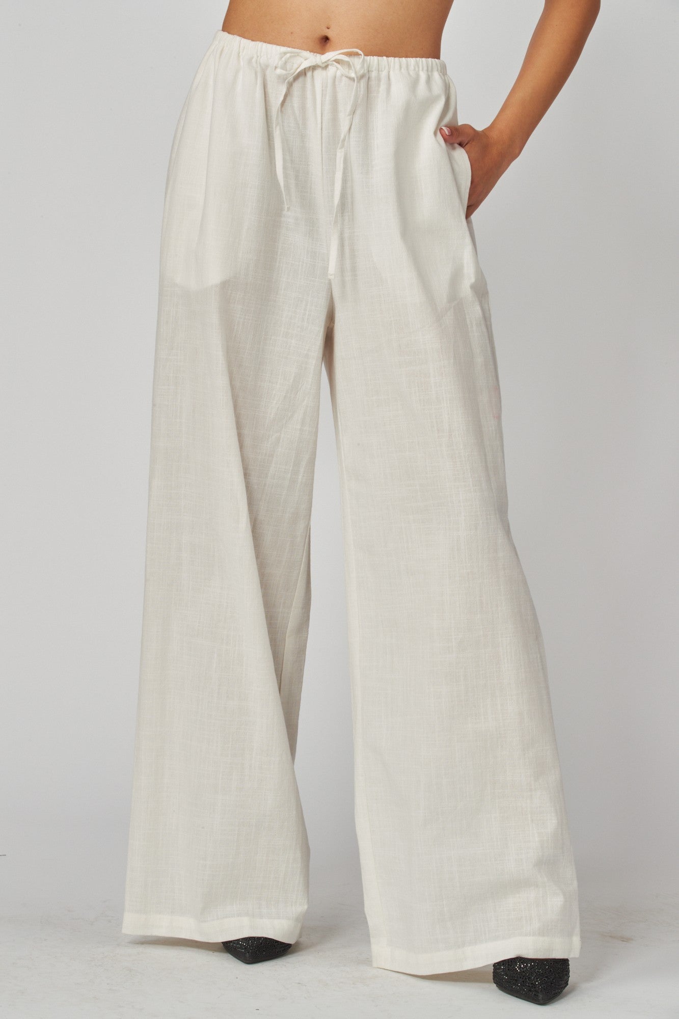 Torrance Drawstring Linen Wide Leg Pants White