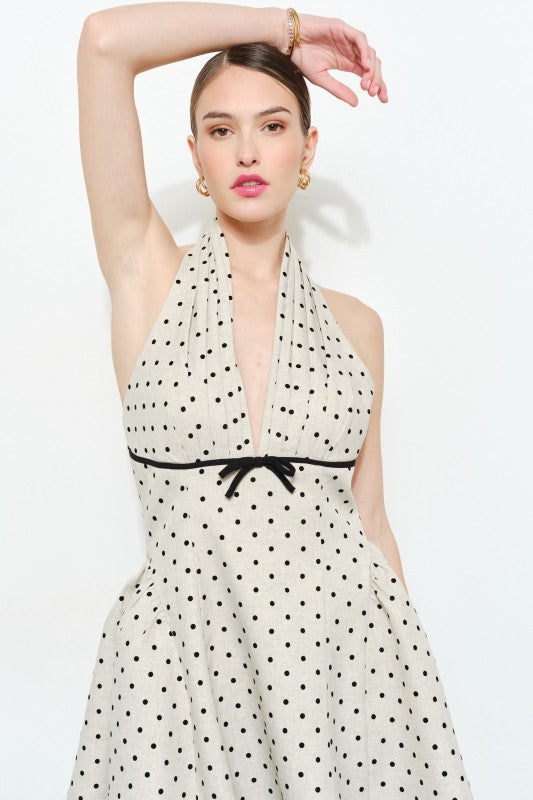 Raelynn Sleeveless Halter Open Back Polka Dot Print Mini Dress Oatmeal