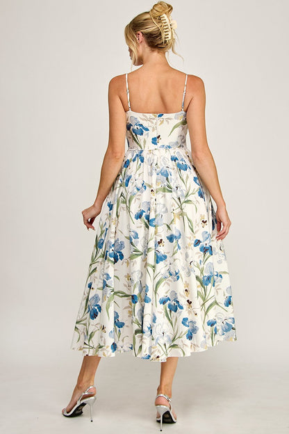 Waitlist 7/5 • Stassi Sleeveless Elegant Petal Floral Print Midi Dress Blue