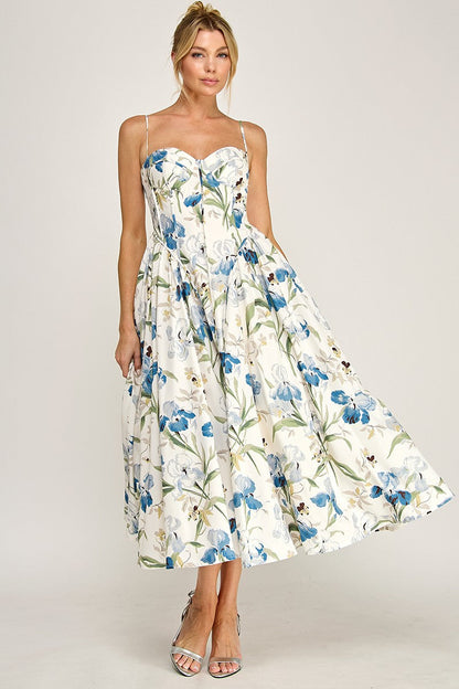 Waitlist 7/5 • Stassi Sleeveless Elegant Petal Floral Print Midi Dress Blue
