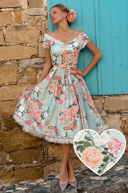 Lily 50s Style Floral Off Shoulder Dress In Mint