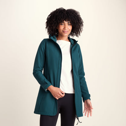 Keld Womens Long Shower Resistant Hooded Softshell Jacket - Petrol Green