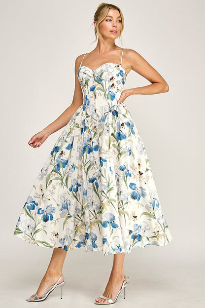 Waitlist 7/5 • Stassi Sleeveless Elegant Petal Floral Print Midi Dress Blue